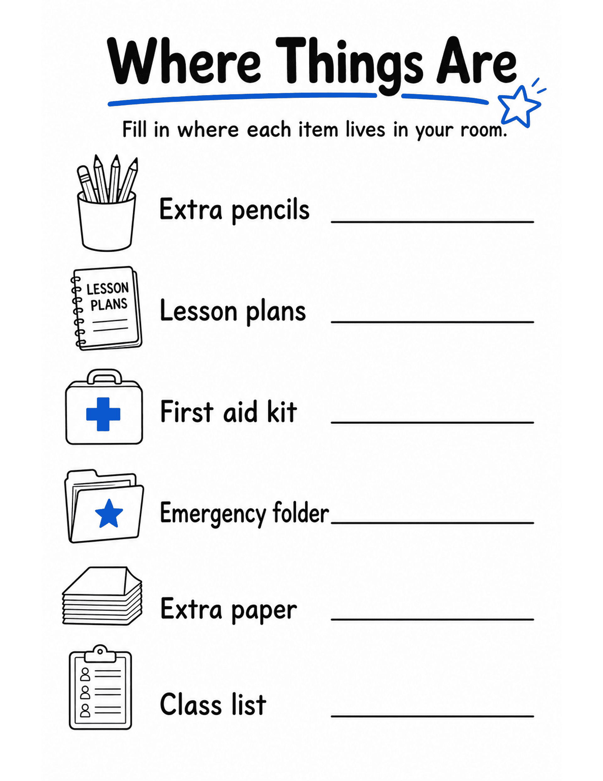 US Letter K-2 printable: Where Things Are. Sub binder page listing where key classroom items live.
