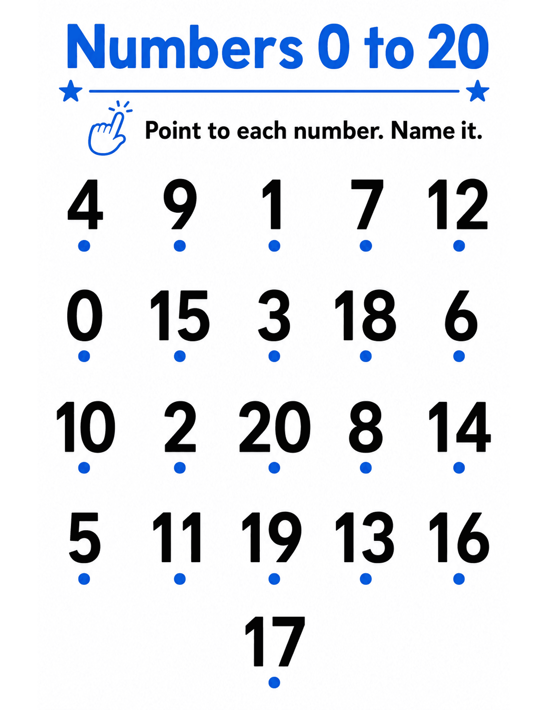 US Letter K-2 printable: Numbers 0 to 20. Student card: numbers 0 through 20 in scrambled order for number ID checks.