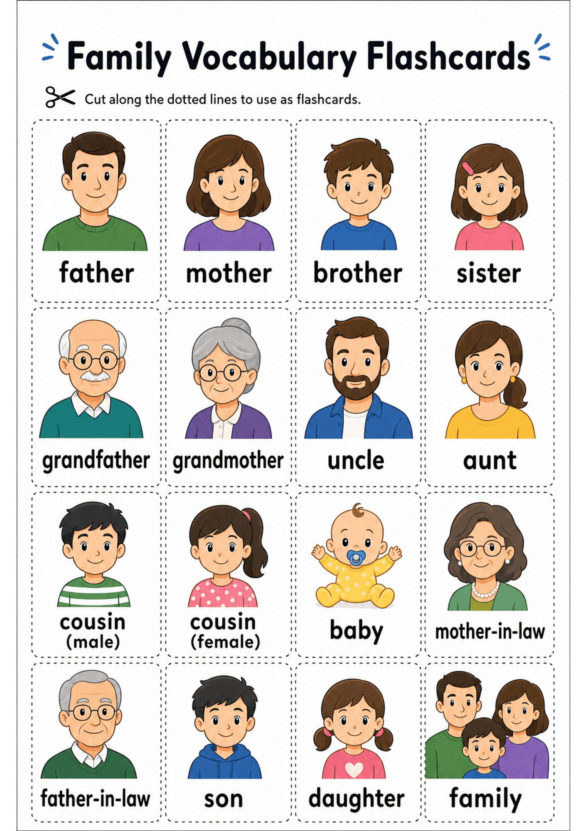Family Vocabulary Flashcards: Single A4 page of multiple rectangular cards separated by dotted cut lines; each card shows a coloured cartoon head‑and‑shoulders illustration and a bold, lowercase label beneath (examples visible: father, mother, brother, sister, grandfather, grandmother, uncle, aunt, cousin (male), cousin (female), baby, mother-in-law, father-in-law, son, daughter, family). Top header 'Family Vocabulary Flashcards' and a short instruction 'Cut along the dotted lines to use as fla...