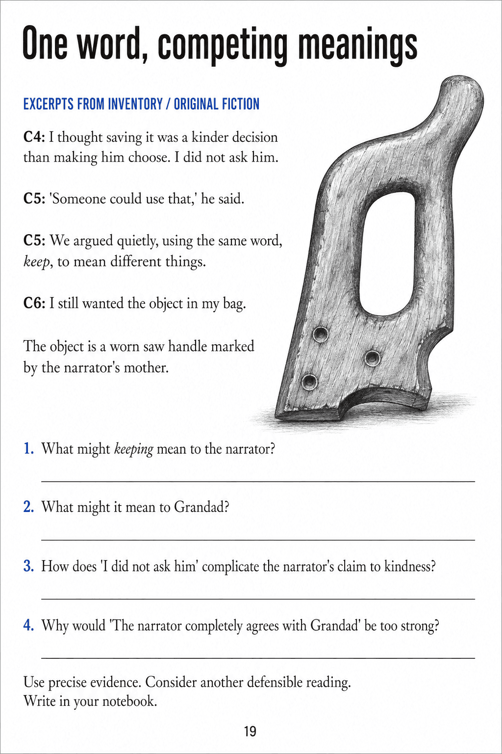 Four Inventory excerpts beside a separate worn wooden saw handle, followed by four questions about competing meanings of keeping.