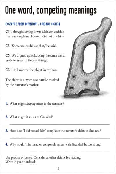 Four Inventory excerpts beside a separate worn wooden saw handle, followed by four questions about competing meanings of keeping.
