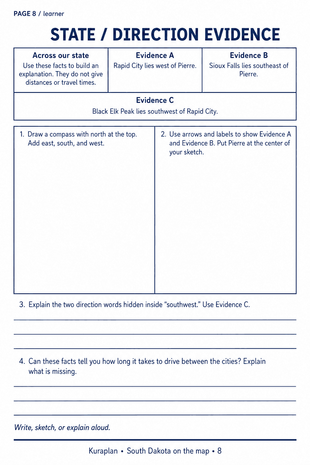 Printed direction facts above two blank drawing boxes and explanation questions.