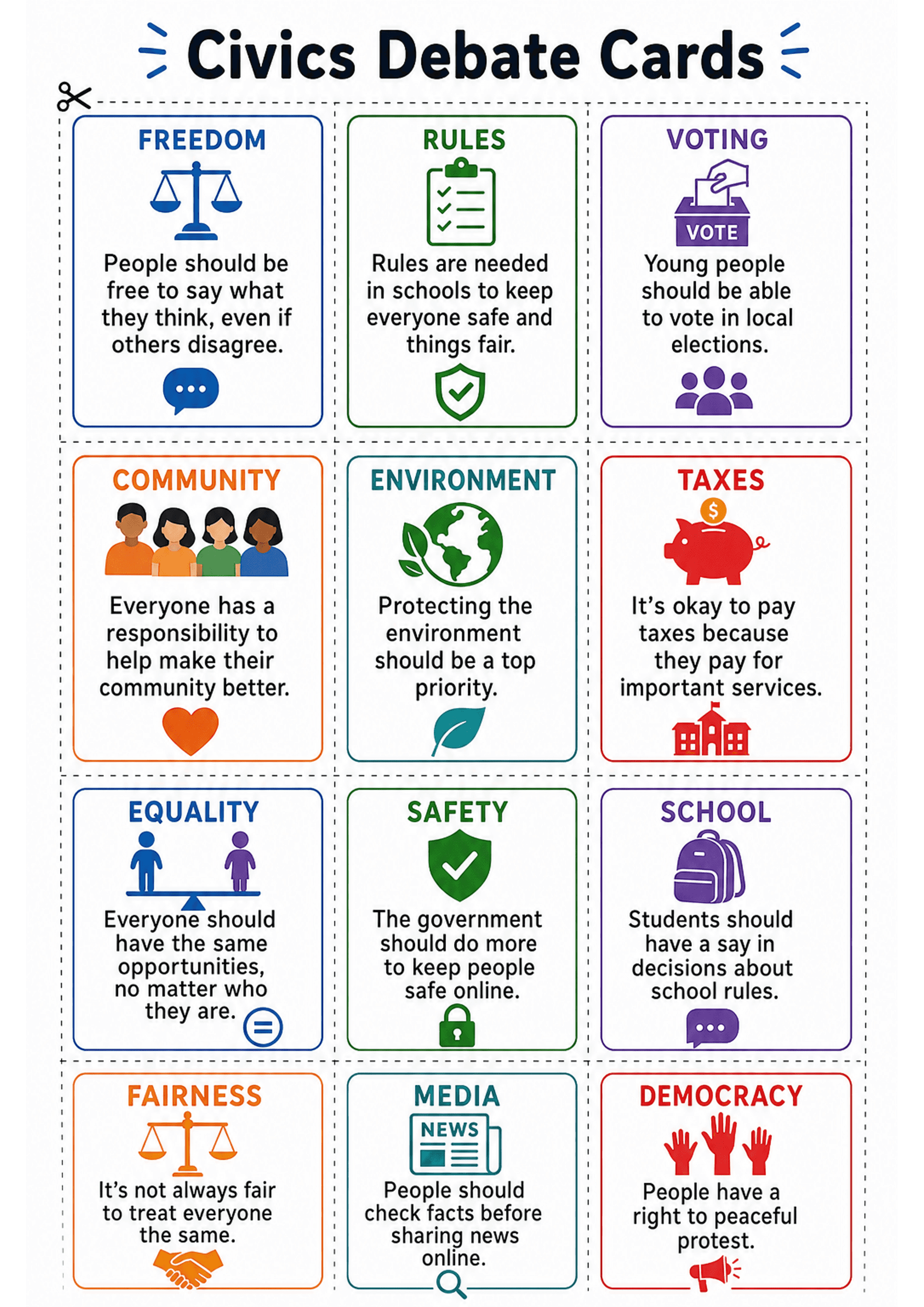 Civics Debate Cards: A titled header 'Civics Debate Cards' at the top, dashed cut lines forming a 3x4 grid of rectangular cards. Each card has a coloured border, an all-caps topic heading, a simple icon, and a one- or two-line opinion statement in large, readable type. An icon is repeated near the bottom of each card.