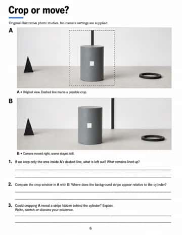 Compare a crop window with a changed camera viewpoint using original illustrative studies. Explain which information framing removes and which a new viewpoint can reveal.