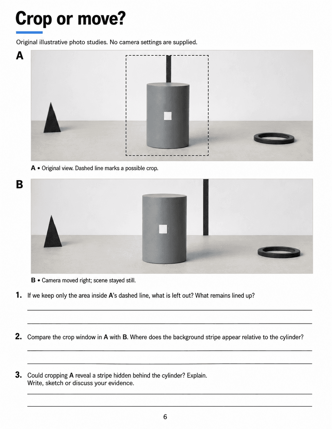 Compare a crop window with a changed camera viewpoint using original illustrative studies. Explain which information framing removes and which a new viewpoint can reveal.
