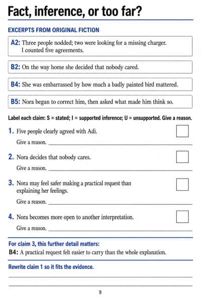 Five labelled story excerpts, four claims each with one empty classification box and reason lines, plus a claim rewrite.