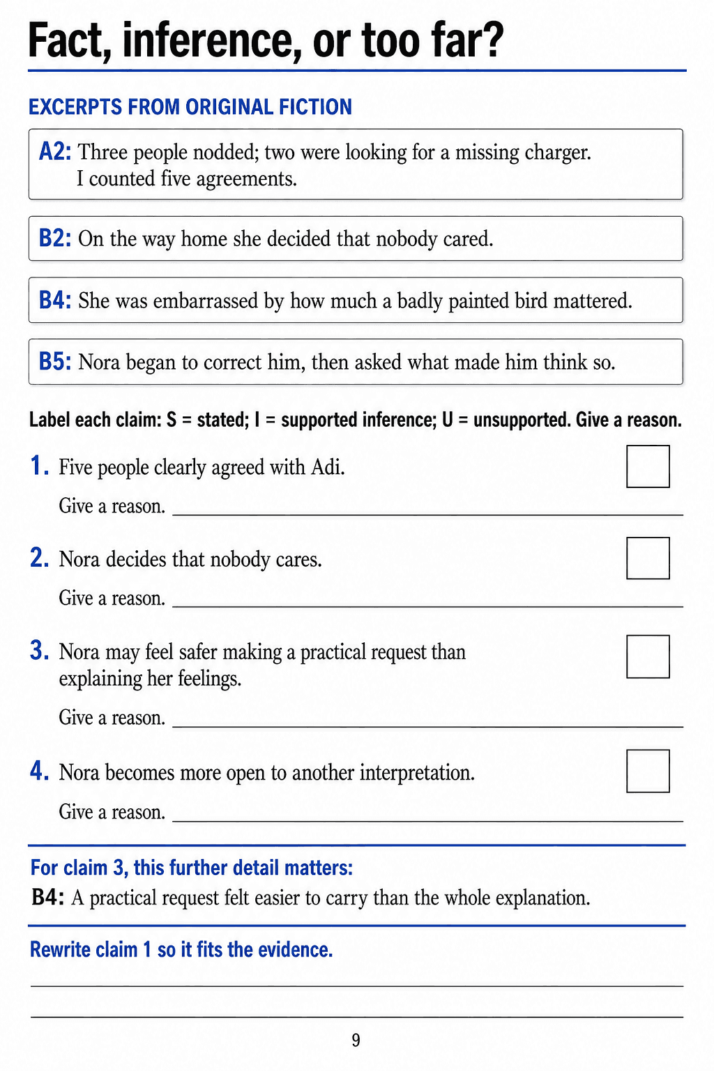 Five labelled story excerpts, four claims each with one empty classification box and reason lines, plus a claim rewrite.