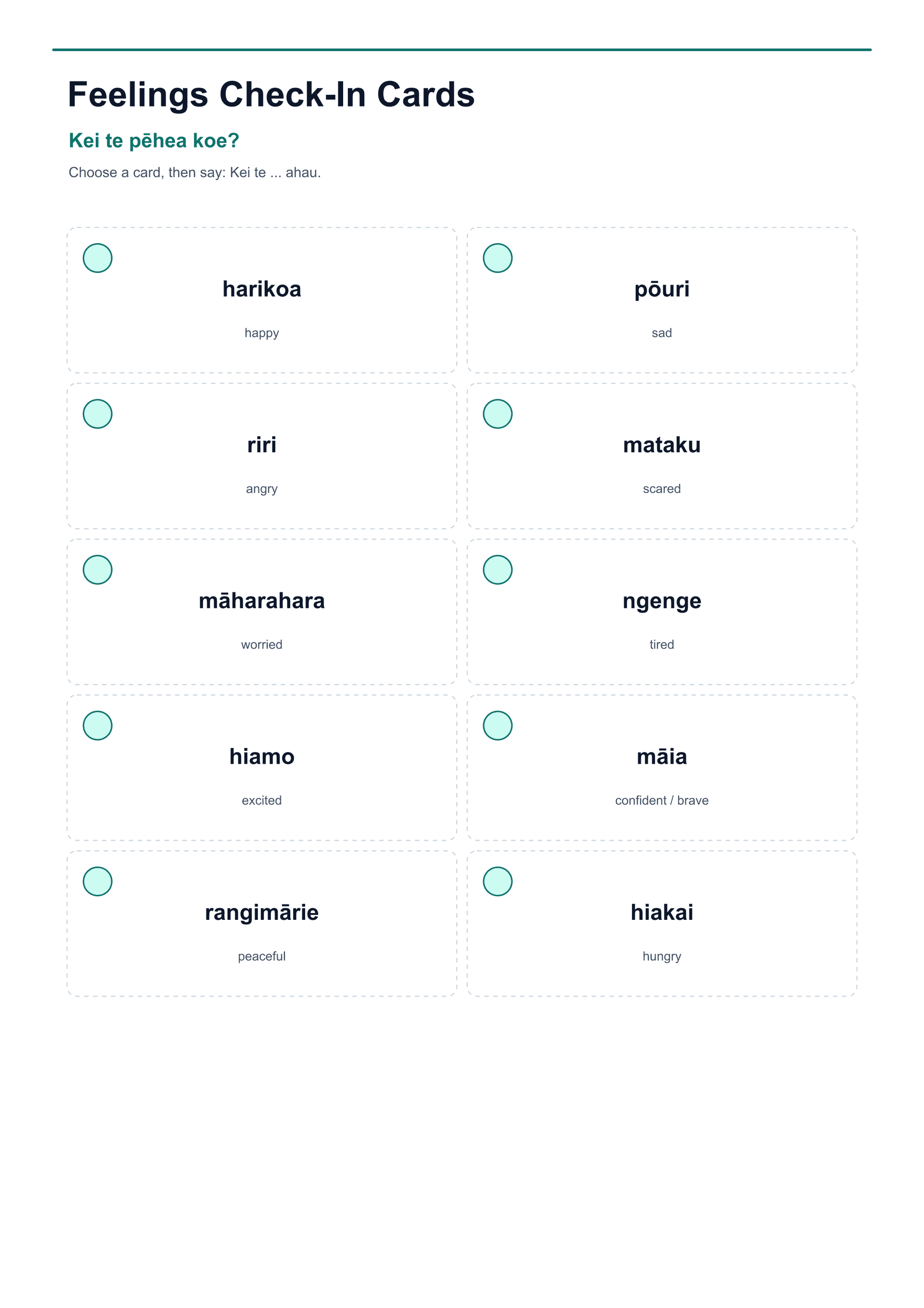 A4 sheet of te reo Māori feelings check-in cards.
