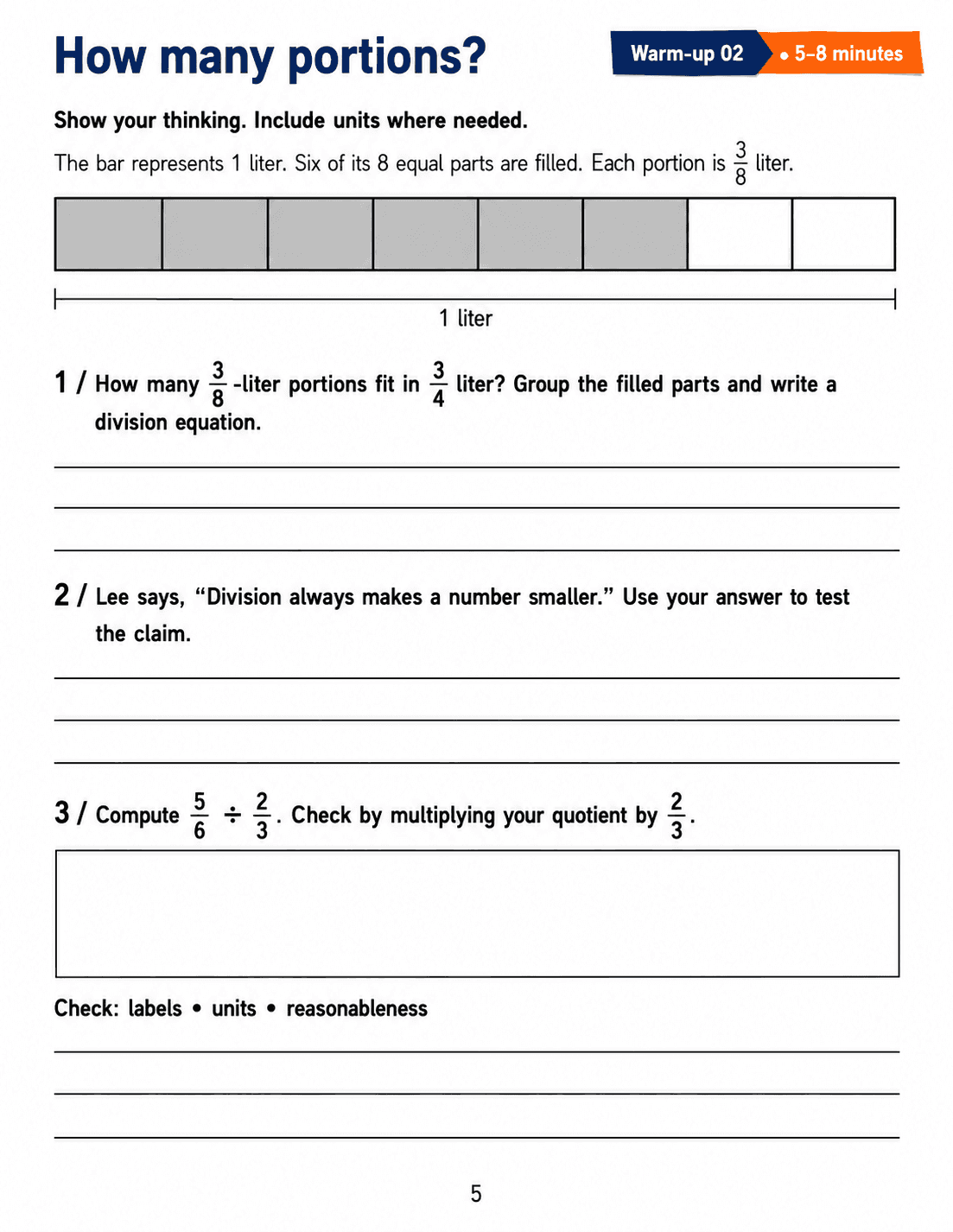 How many portions?: Grade 6 math warm-up. Group a fraction bar into portions, test a claim about division and calculate a second fraction quotient with an inverse check. Includes three numbered tasks and space to explain reasoning.