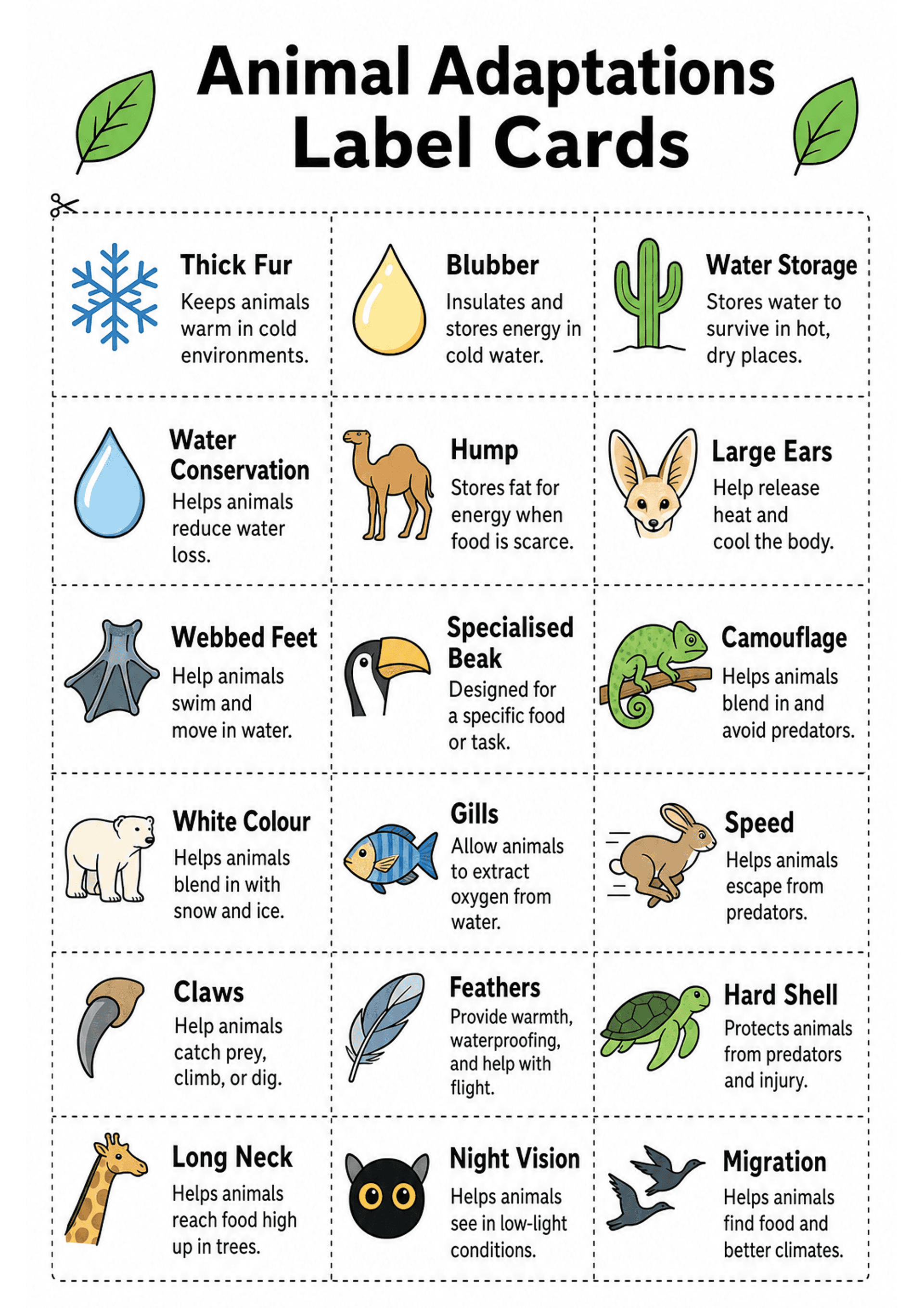 Animal Adaptations Label Cards: Portrait A4 page titled 'Animal Adaptations Label Cards' with dashed cut lines forming a 3-column grid of rectangular cards; each card shows a coloured icon, a bold heading (adaptation name) and a one- to two-line explanatory sentence (examples visible: Thick Fur – Keeps animals warm in cold environments; Blubber – Insulates and stores energy in cold water; Camouflage; Webbed Feet; Gills; Hump; Large Ears; Night Vision; Migration). Moderate text density: single s...