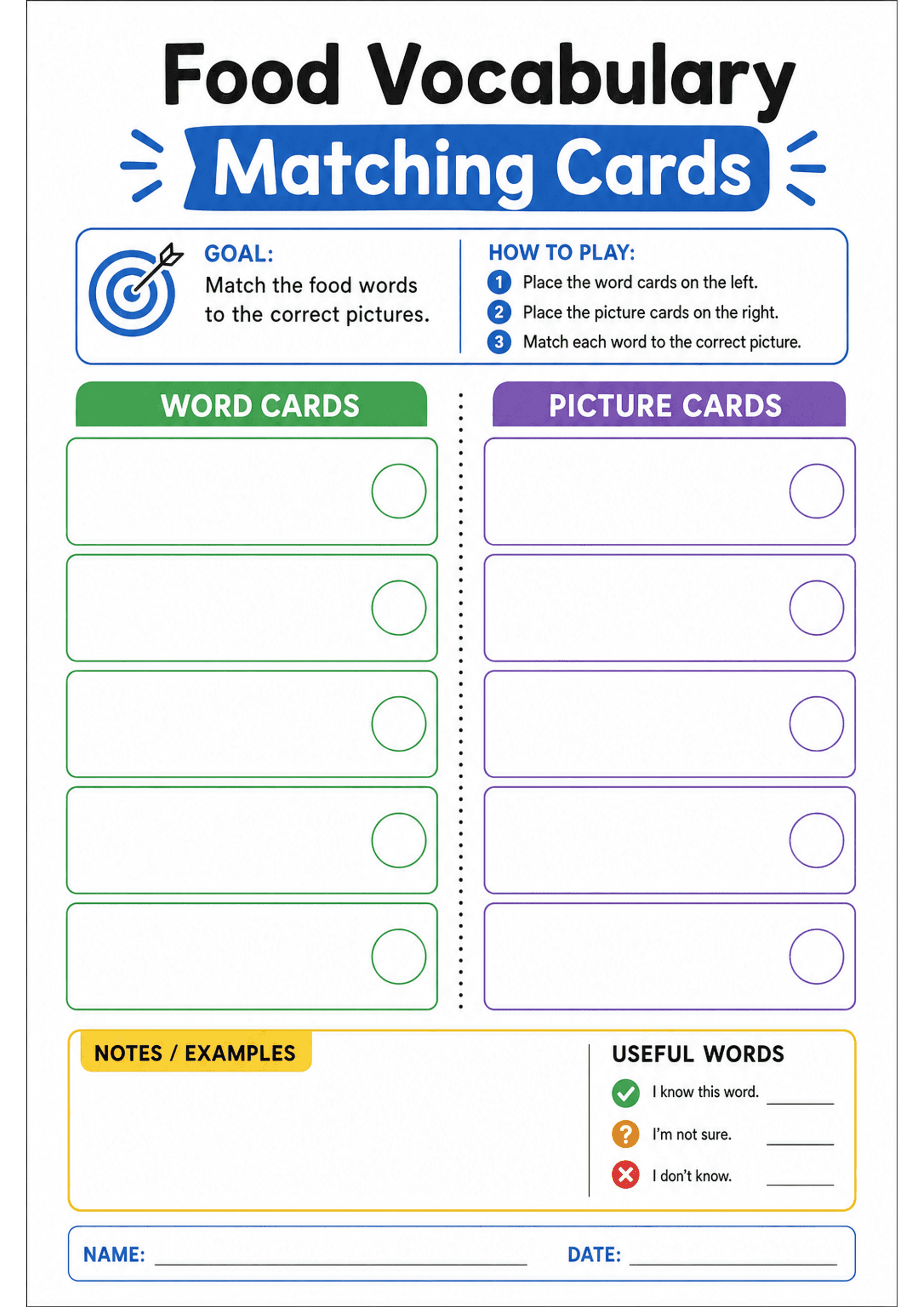 Food Vocabulary Matching Cards: Large title 'Food Vocabulary Matching Cards'; a GOAL box ('Match the food words to the correct pictures') and a HOW TO PLAY box with three numbered steps; vertical dotted cut line down the centre; left column headed 'WORD CARDS' (green) showing multiple empty rectangular card outlines each with a small circle at the right; right column headed 'PICTURE CARDS' (purple) showing mirrored empty rectangular outlines with circles; bottom-left NOTES / EXAMPLES box and bo...
