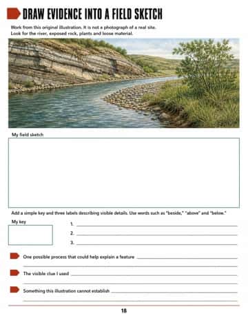Create a keyed and labeled field sketch from an original landscape illustration, then separate a possible process from its clue and remaining uncertainty.