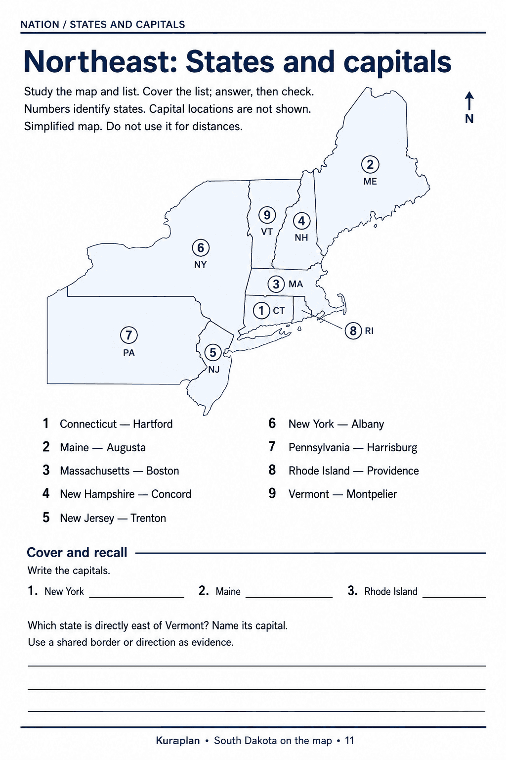Nine northeastern states with numbered regions, capital reference pairs and recall questions.