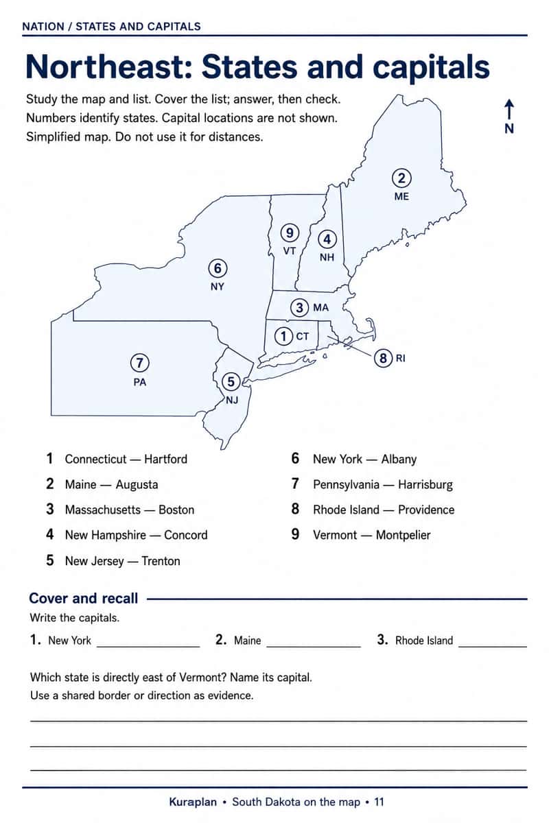 Nine northeastern states with numbered regions, capital reference pairs and recall questions.