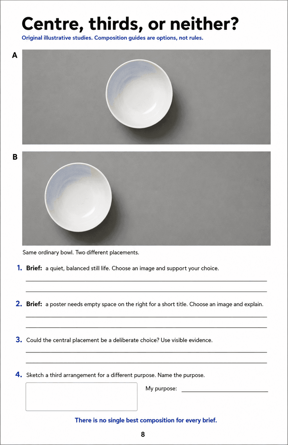 Compare two bowl placements for still-life and poster briefs, explain central composition, and sketch another purposeful arrangement.