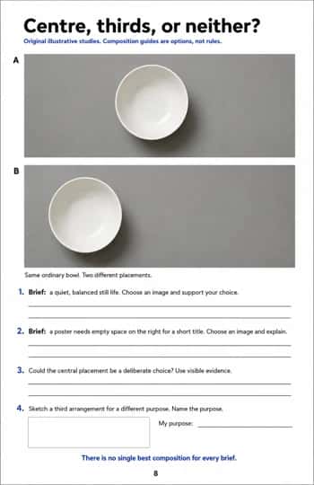 Compare two bowl placements for still-life and poster briefs, explain central composition, and sketch another purposeful arrangement.