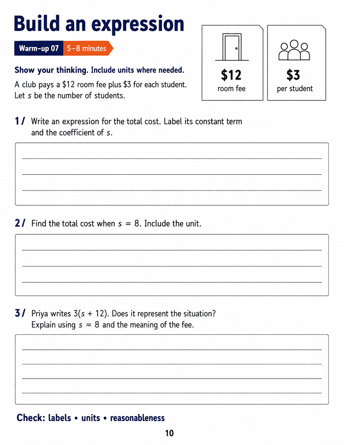 Build an expression: Grade 6 math warm-up. Model a club fee with an expression, identify its constant and coefficient, and test an incorrect expression against the situation. Includes three numbered tasks and space to explain reasoning.