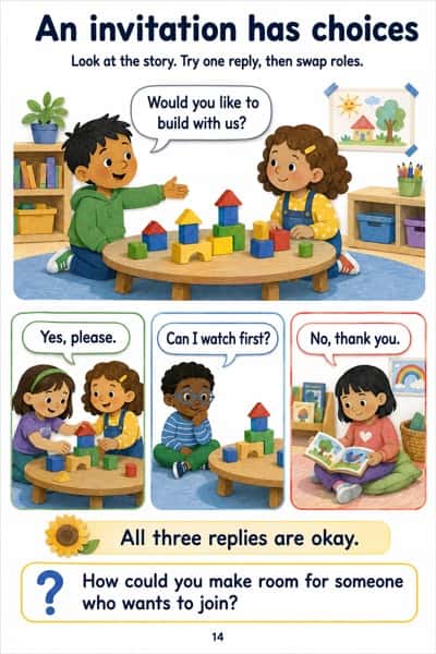 An invitation to build, with equally valid replies for joining, watching and declining.