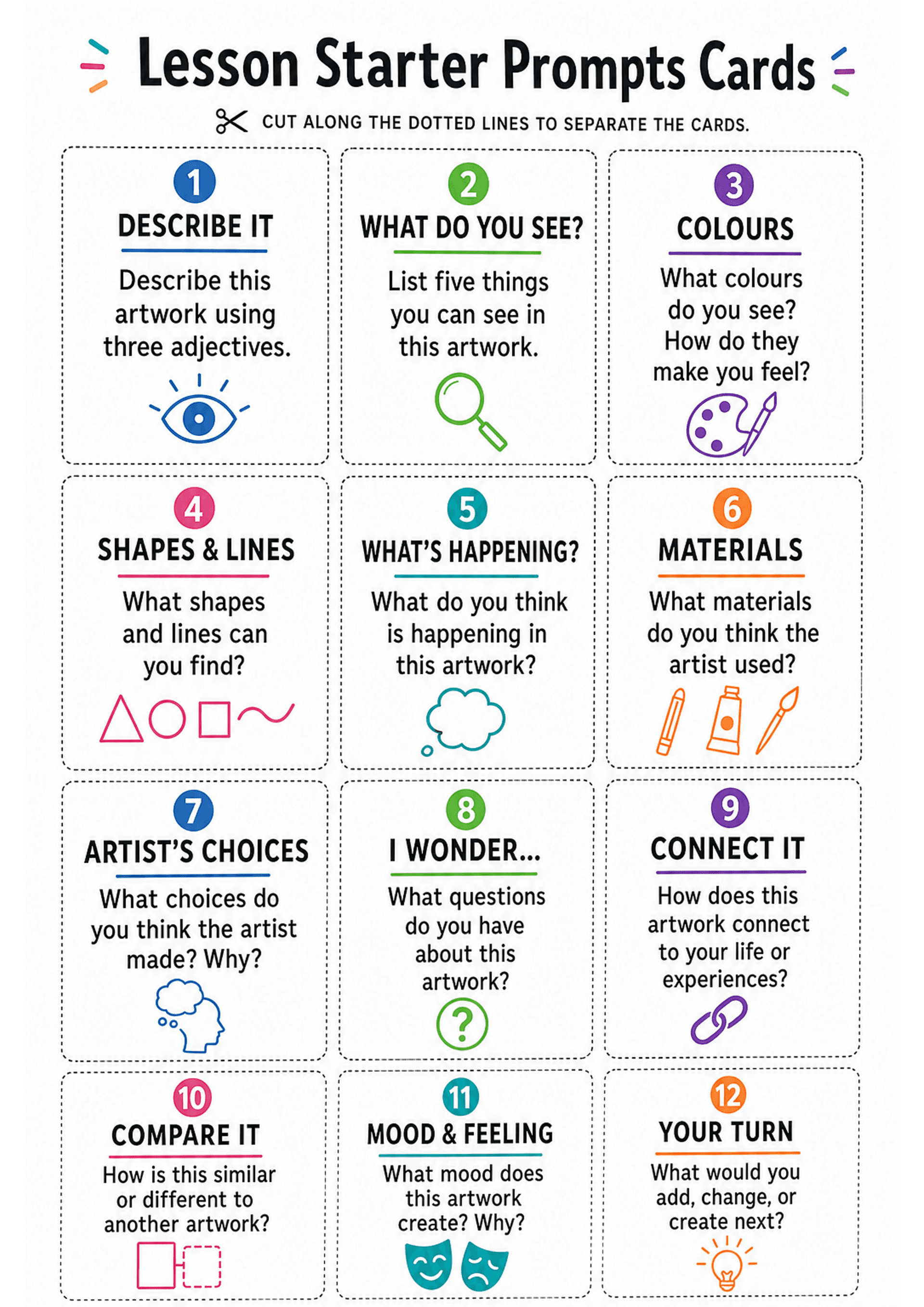 Lesson Starter Prompts Cards: Single A4 page with a large title 'Lesson Starter Prompts Cards', dotted cut lines dividing the page into 12 rectangular cards in three columns by four rows; each card shows a coloured numbered circle, a bold heading with a coloured underline, one short prompt sentence or two, and a small themed icon (eye, magnifying glass, palette, shapes, thought bubble, paint/tube/brush, link, masks, lightbulb). Text density: one short instruction or question per card.