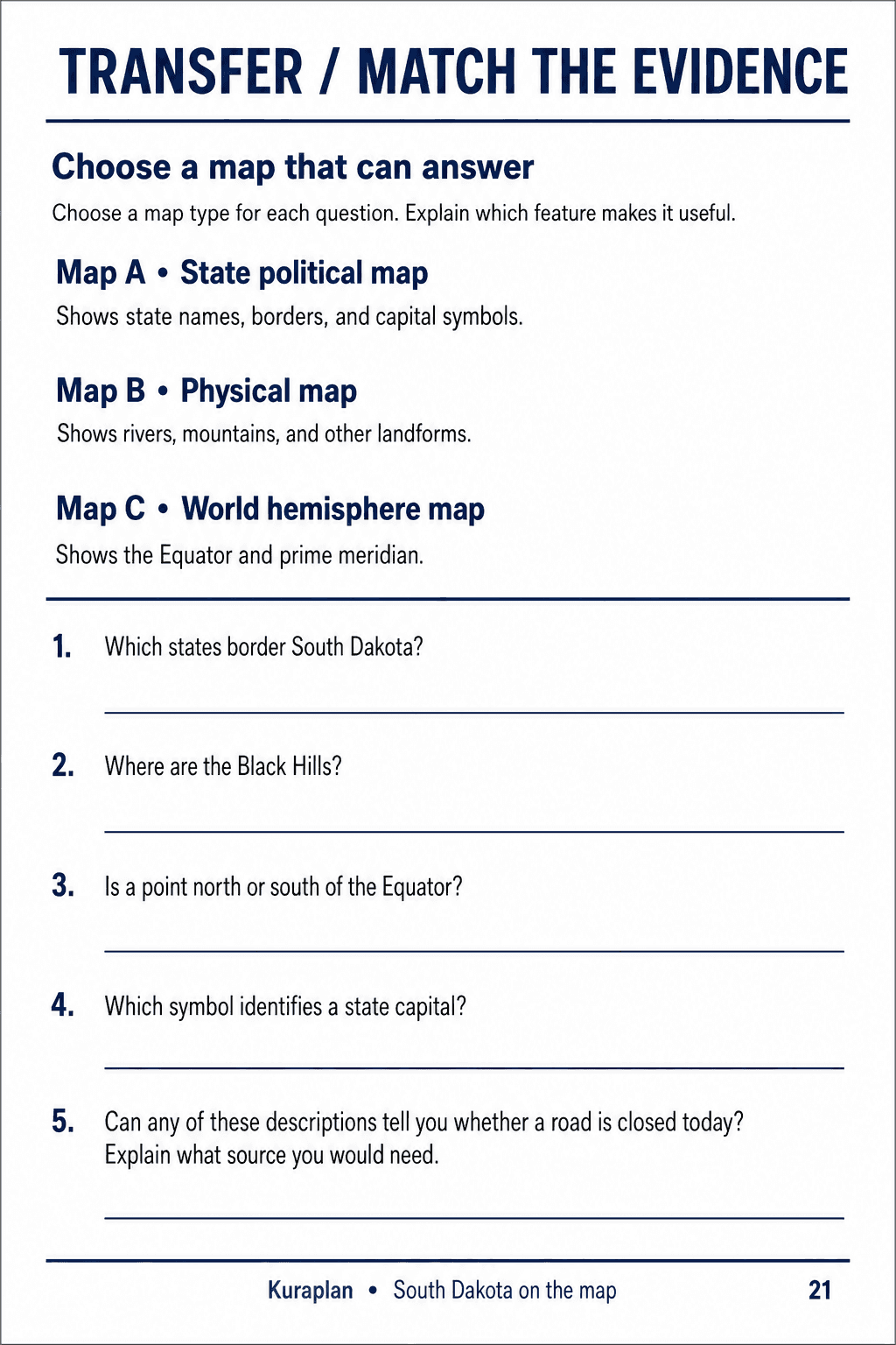 Three written map-type descriptions with five blank evidence-selection questions.
