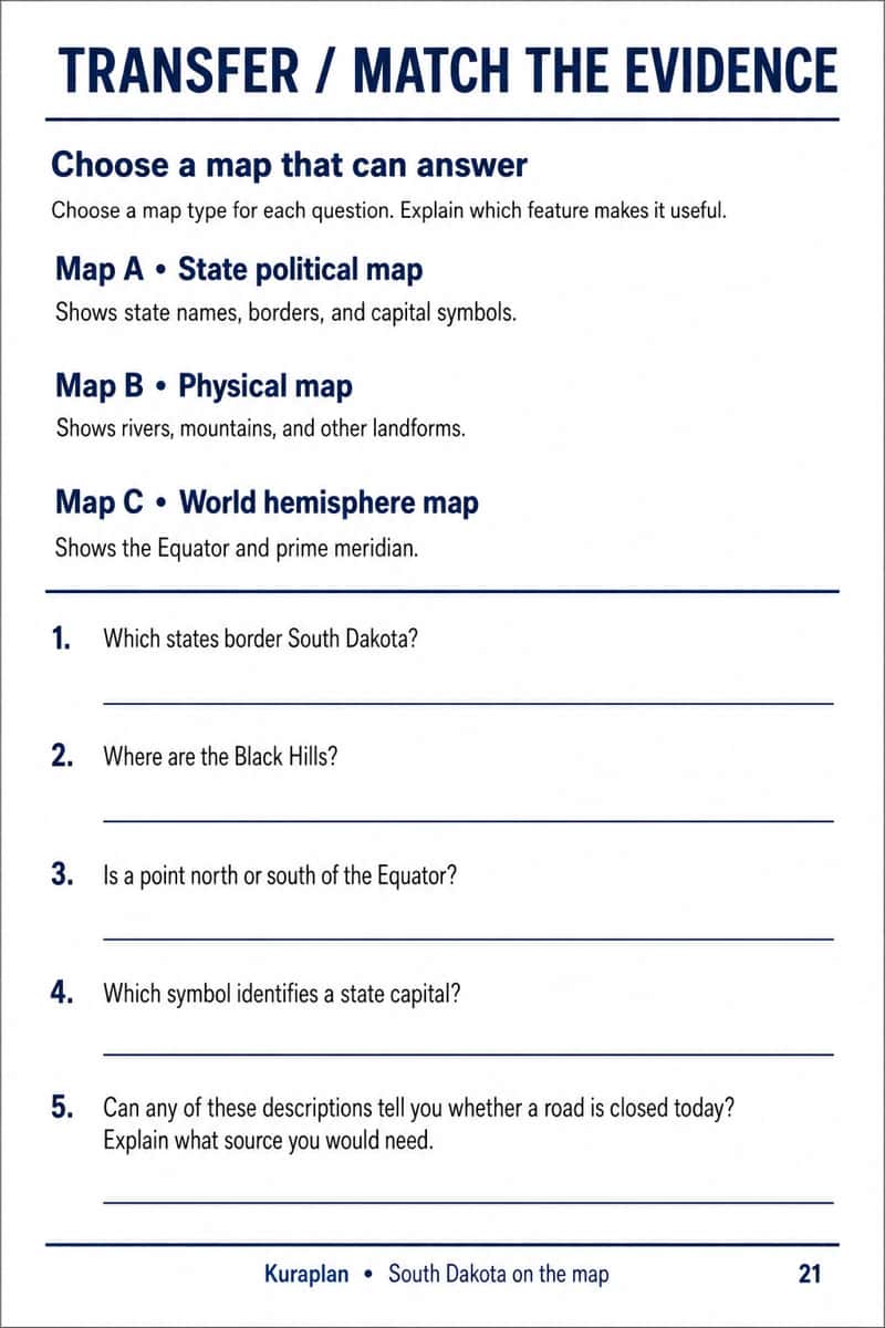 Three written map-type descriptions with five blank evidence-selection questions.