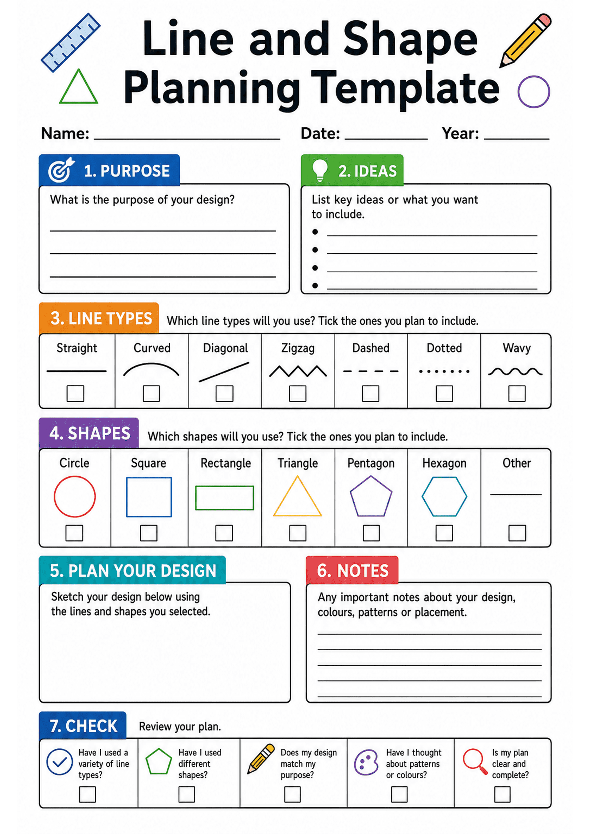 Line and Shape Planning Template: A4 portrait sheet with header 'Line and Shape Planning Template' and lines for Name, Date, Year. Numbered boxed sections: 1. PURPOSE (lined response box), 2. IDEAS (bulleted lines), 3. LINE TYPES (row of labelled icons: Straight, Curved, Diagonal, Zigzag, Dashed, Dotted, Wavy each with a tick-box), 4. SHAPES (row of coloured shape icons: Circle, Square, Rectangle, Triangle, Pentagon, Hexagon, Other with tick-boxes), 5. PLAN YOUR DESIGN (large blank sketch box),...