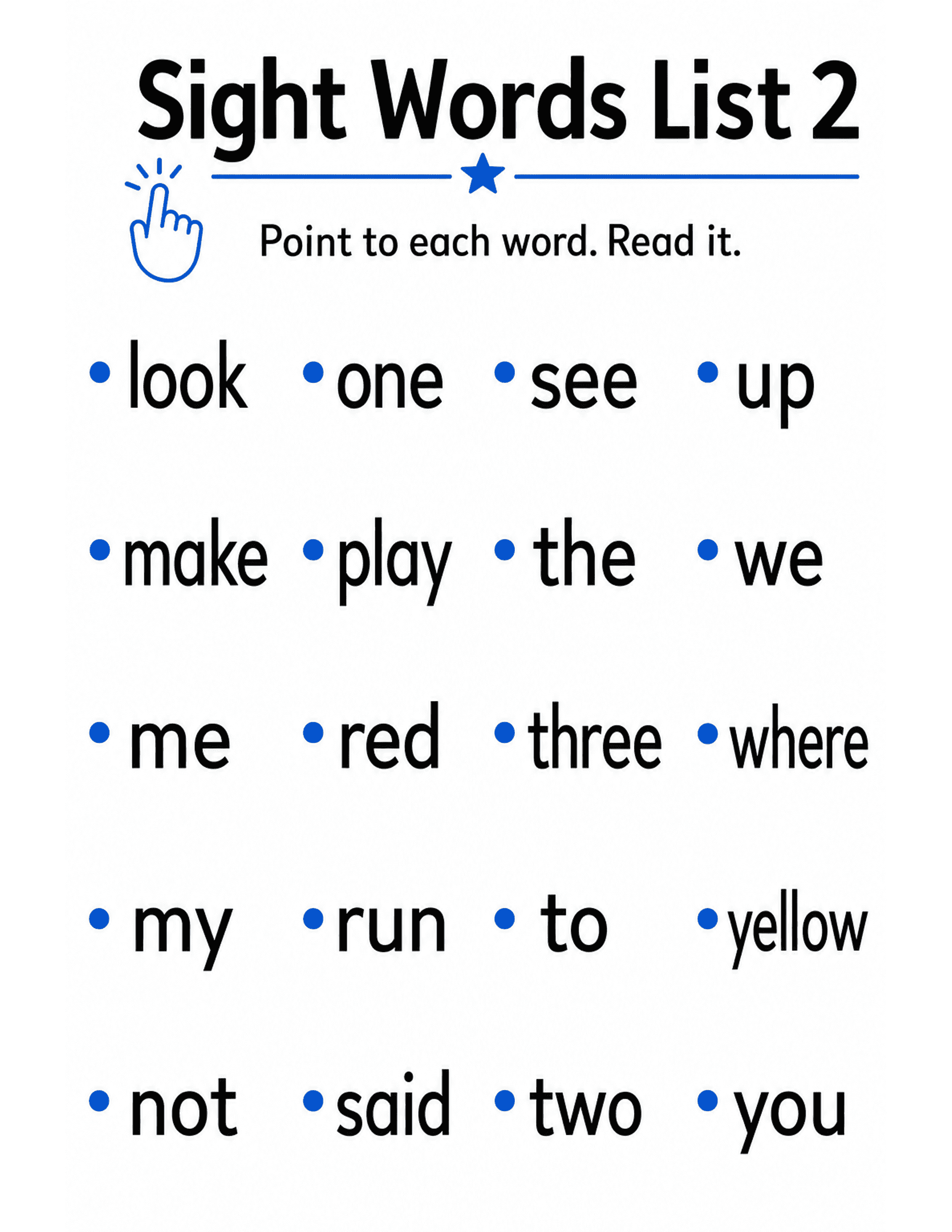US Letter K-2 printable: Sight Words List 2. Student card: Dolch pre-primer words 21-40 in large print.