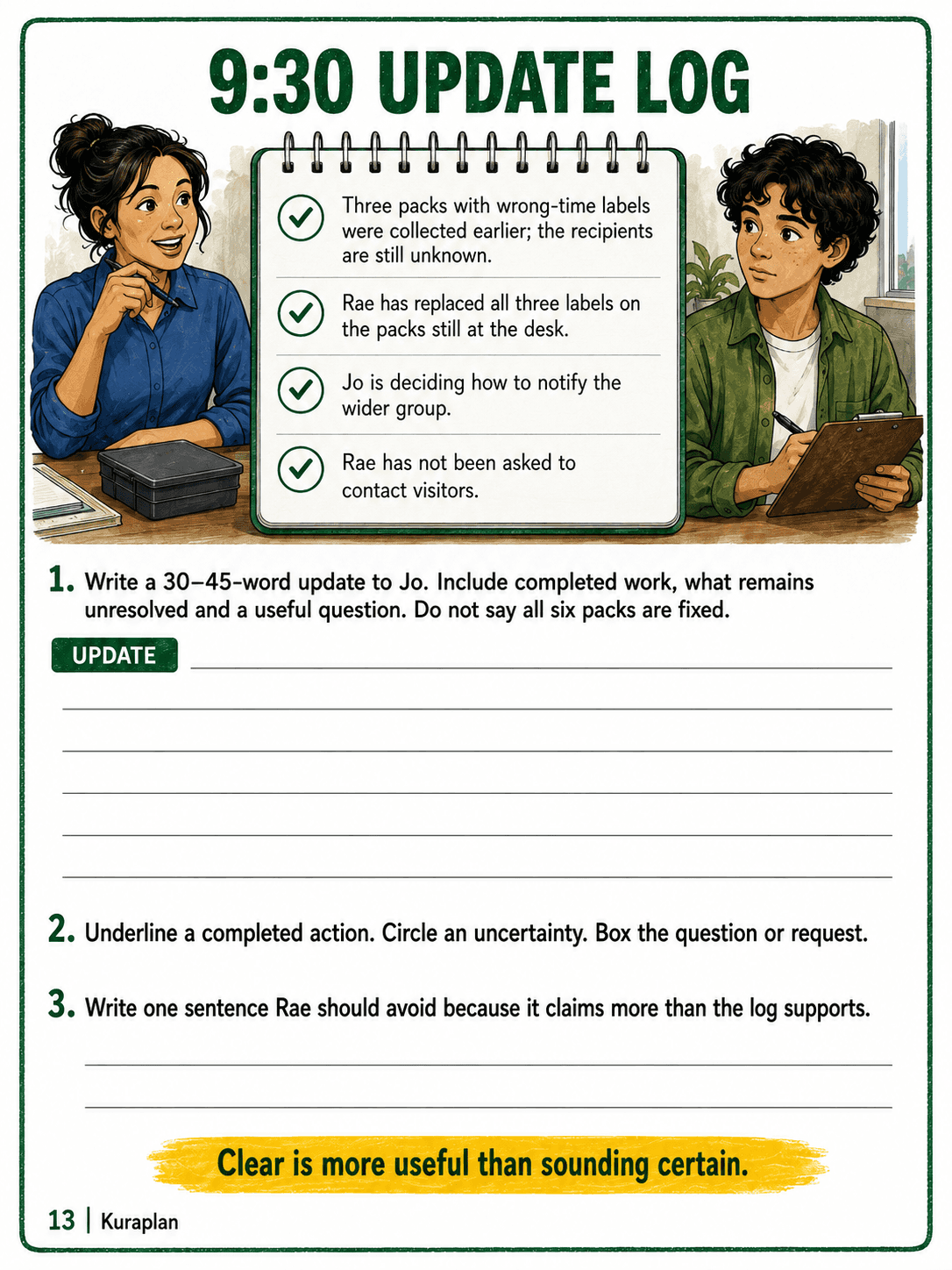 Use a self-contained update log to write a concise report distinguishing completed work, unresolved information and a useful question.