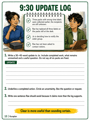Use a self-contained update log to write a concise report distinguishing completed work, unresolved information and a useful question.