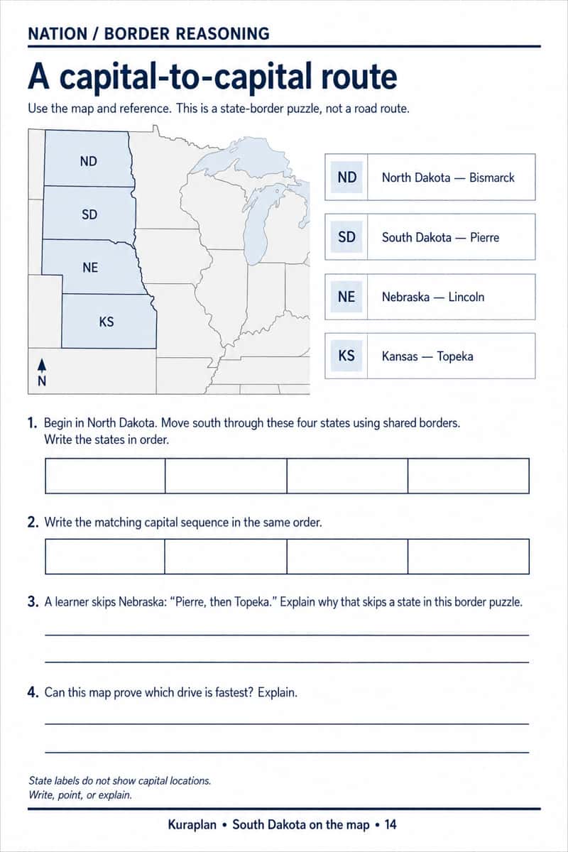 A four-state shared-border map and capital reference list with blank state and capital route boxes.