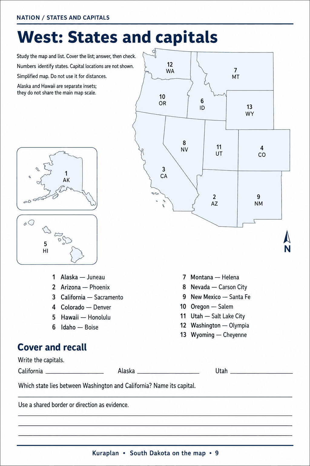 A numbered map of thirteen western states with Alaska and Hawaii insets, capital pairs and recall questions.