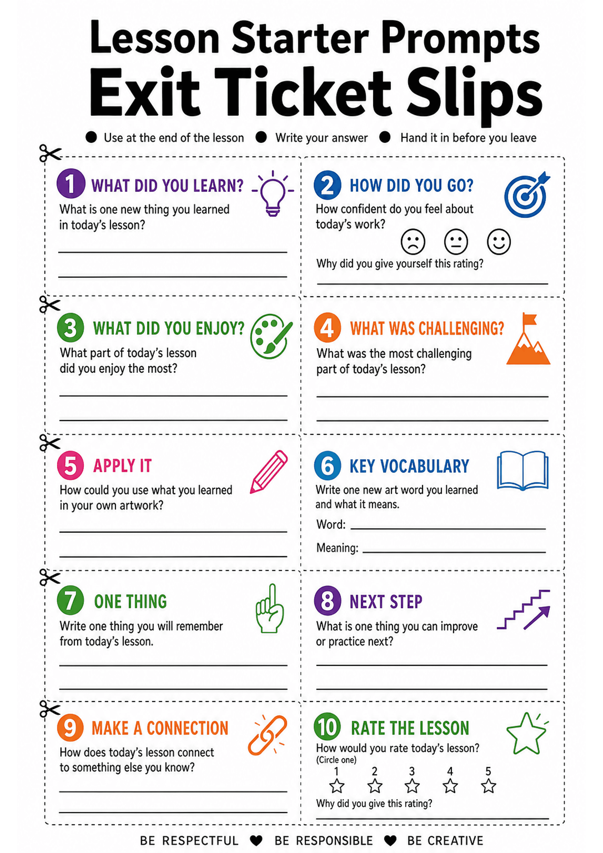 Lesson Starter Prompts Exit Ticket Slips: Portrait A4 header 'Lesson Starter Prompts Exit Ticket Slips' with dotted cut lines; ten rectangular numbered slips in two columns (numbers 1–10), each slip contains a coloured circular number, bold question title (e.g. 'WHAT DID YOU LEARN?', 'HOW DID YOU GO?'), a small icon, the question text and 2–4 ruled lines for responses. Slip 2 includes three face icons (sad, neutral, happy) and a short prompt for justification; slip 6 has 'Word:' and 'Meaning:'...