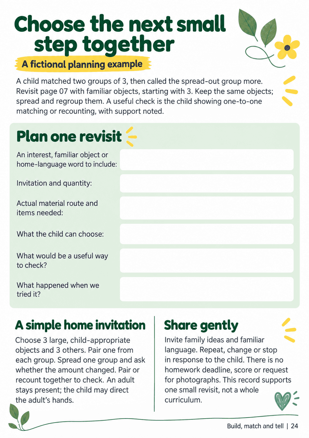 Adult planning page with a fictional example, six blank planning fields and a complete six-object home invitation.