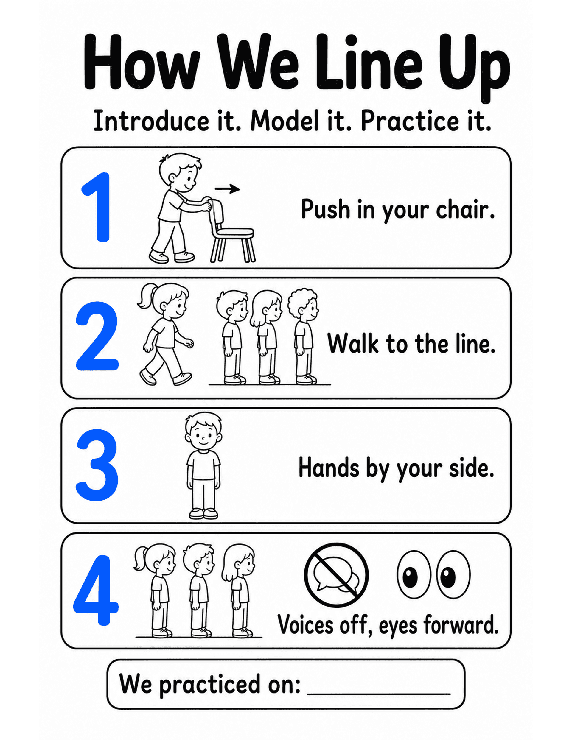 US Letter K-2 printable: How We Line Up. Lining-up procedure poster with four numbered steps and a practice box.