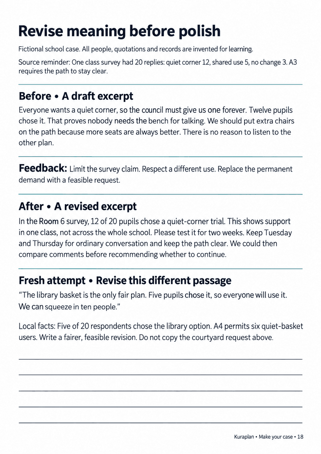A complete worksheet showing a worked before-and-after revision, followed by a different library passage, local facts and blank revision lines.