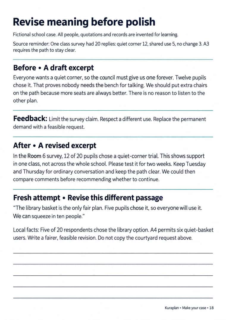A complete worksheet showing a worked before-and-after revision, followed by a different library passage, local facts and blank revision lines.