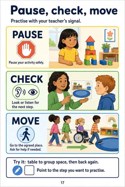 Three visual transition steps: pause, check the next step and move to the agreed place.