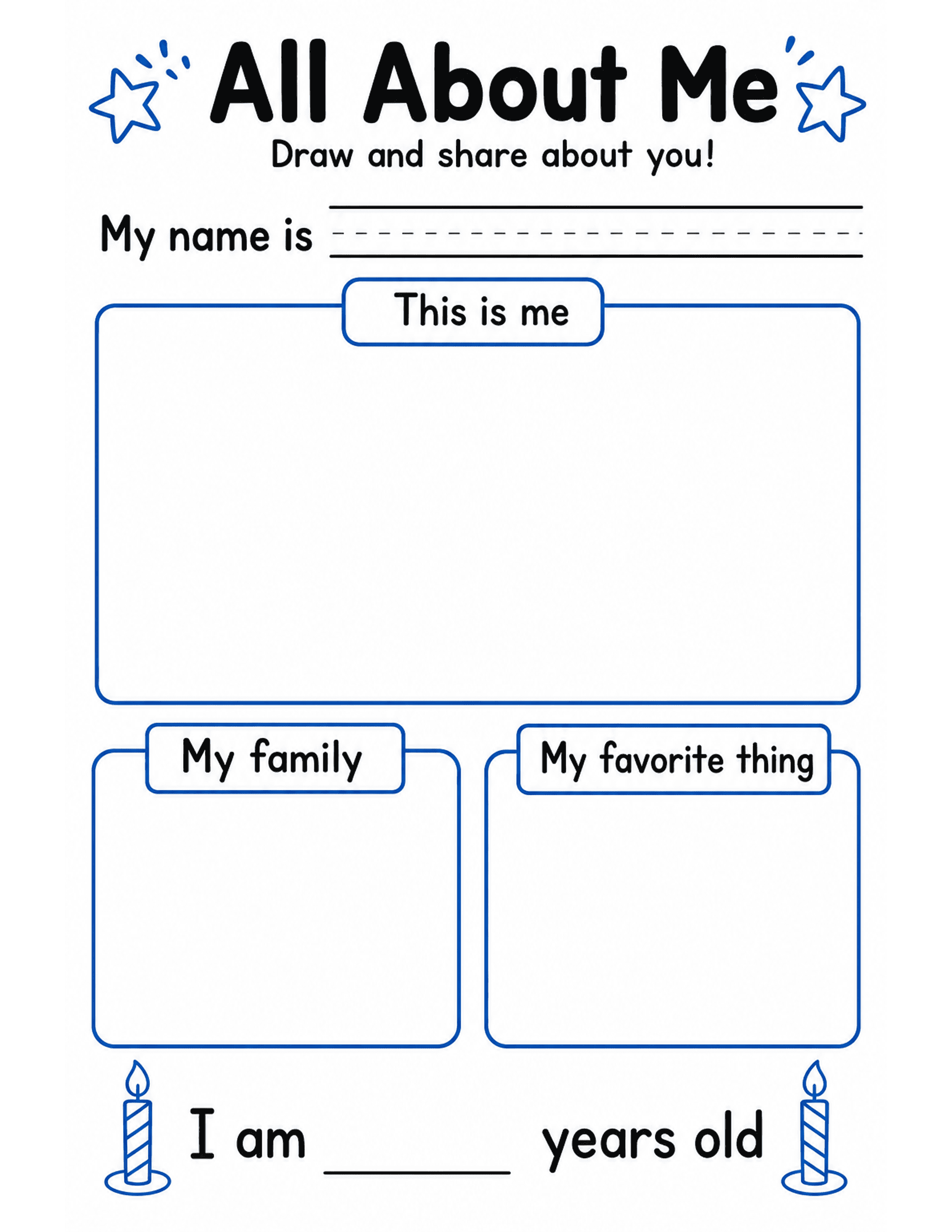 US Letter K-2 printable: All About Me. K-2 draw-and-share all-about-me worksheet with self portrait, family, and favorite thing boxes.