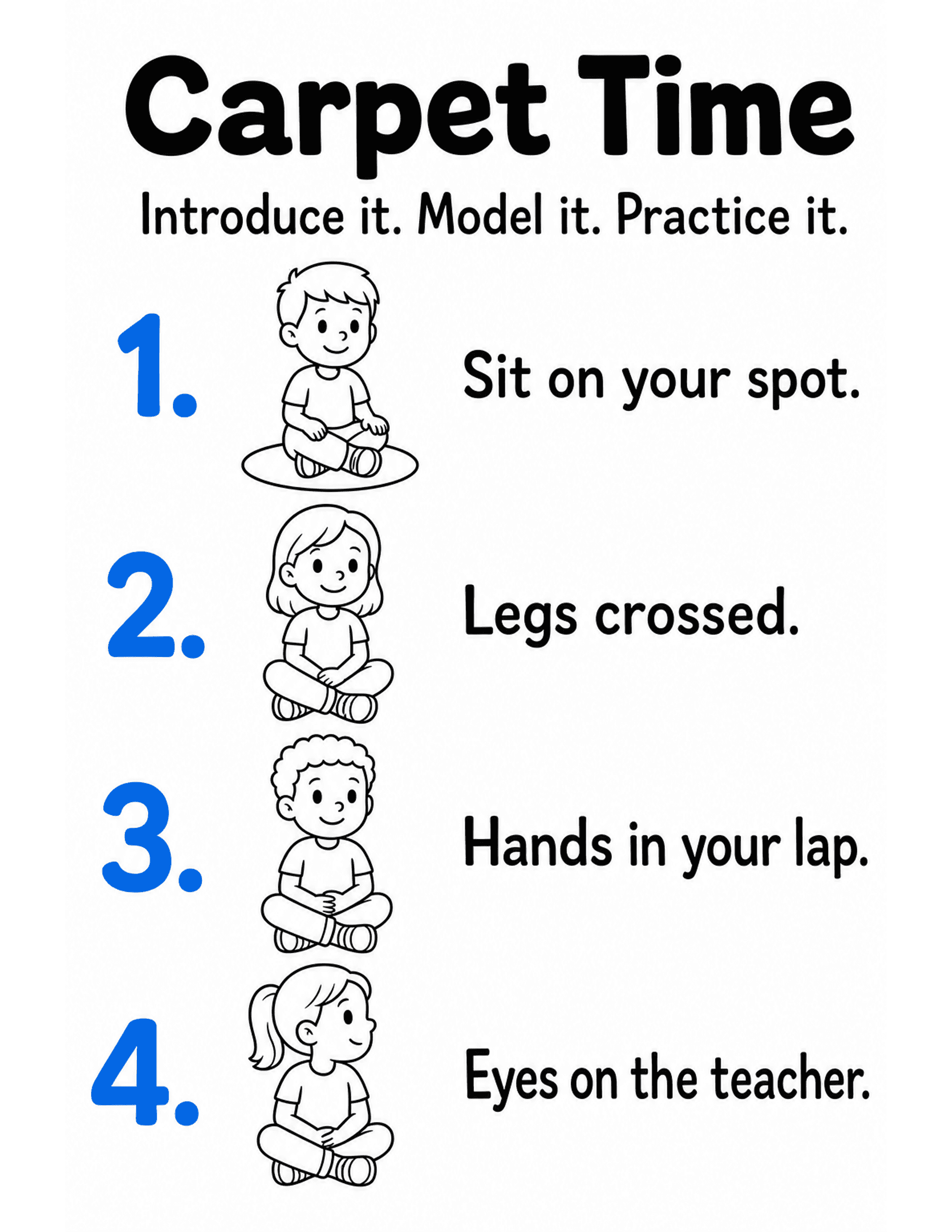 US Letter K-2 printable: Carpet Time. Carpet expectations procedure poster with four numbered steps.