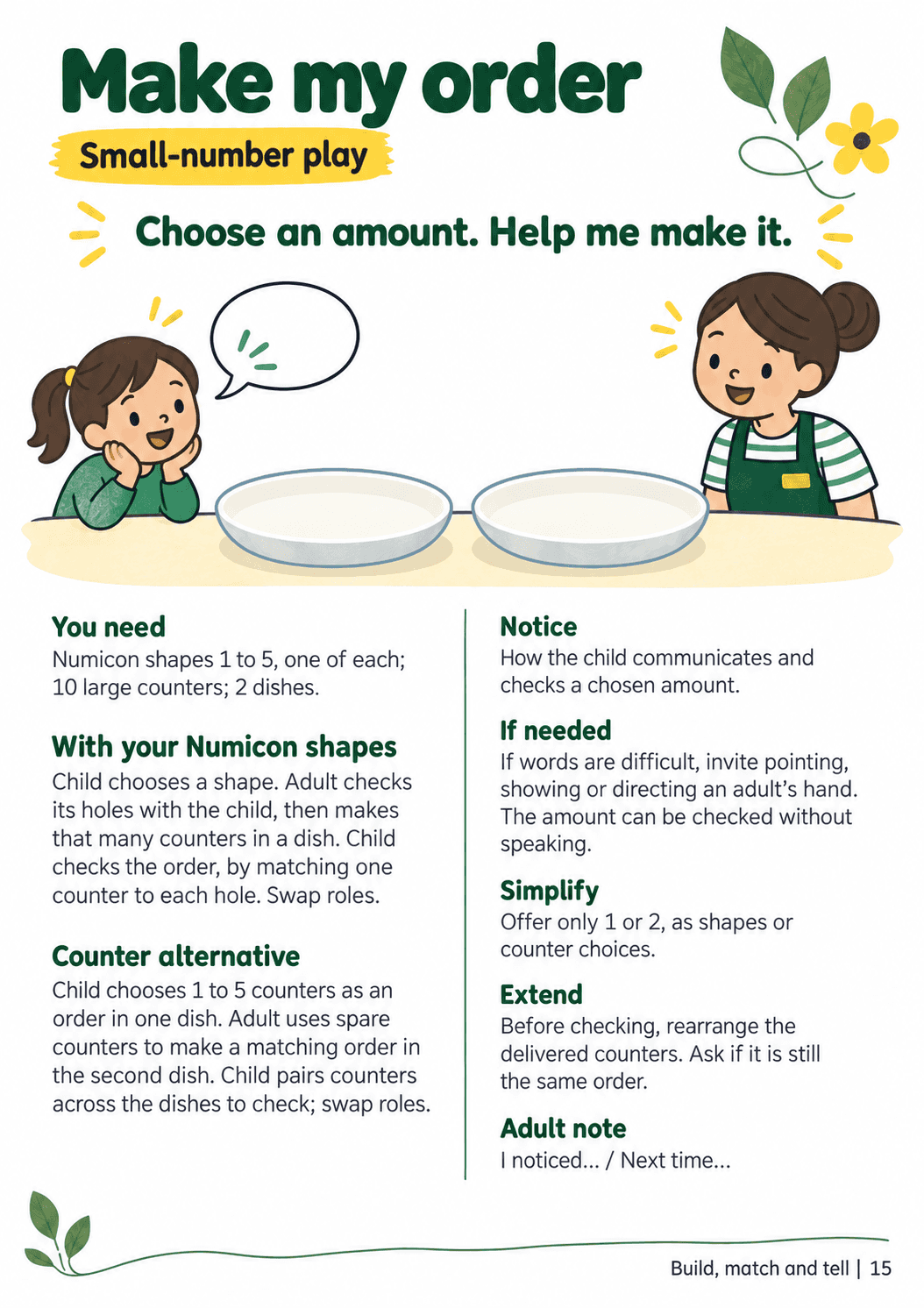 A4 adult guide, “Make my order”, with material lists, Numicon and counter routes, checking prompts and space for a brief adult note.