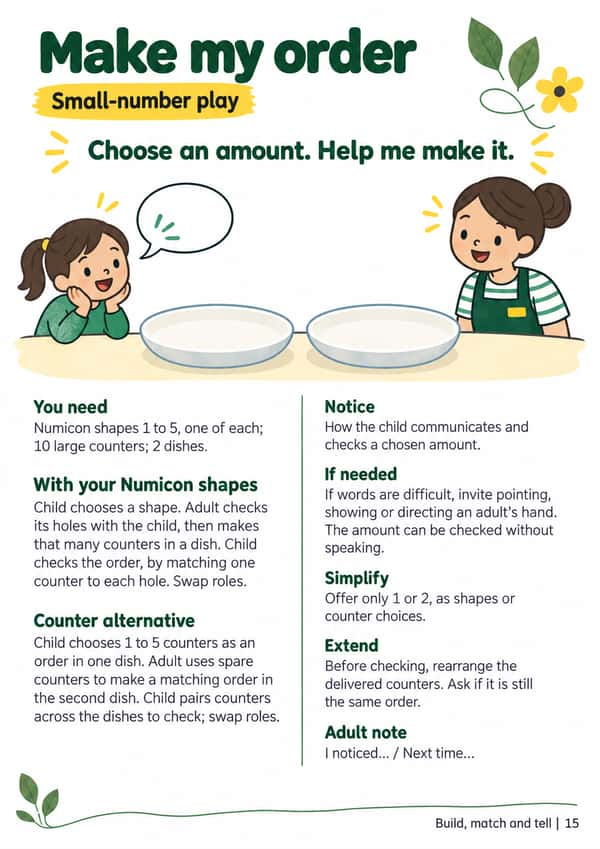 A4 adult guide, “Make my order”, with material lists, Numicon and counter routes, checking prompts and space for a brief adult note.