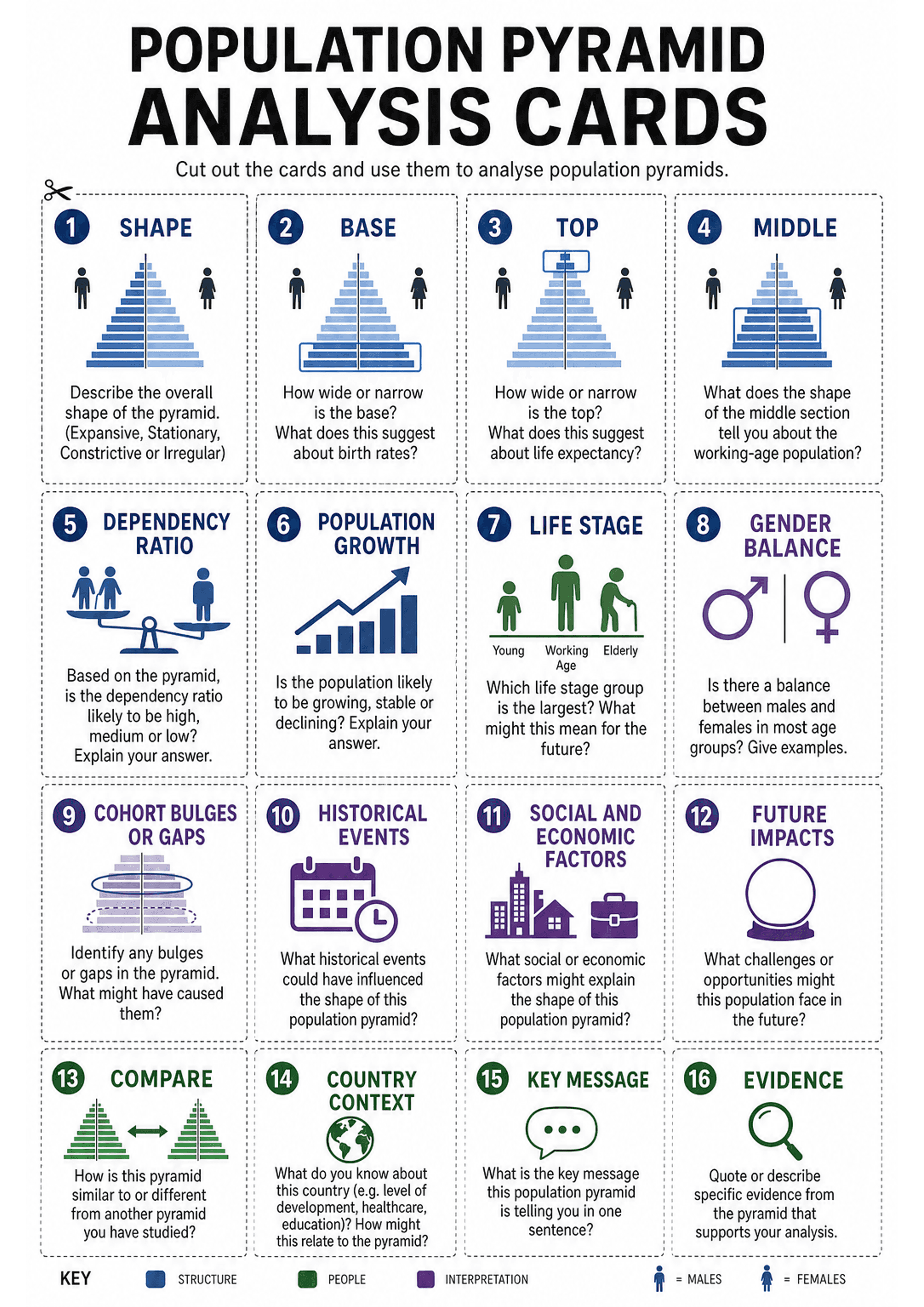 Population Pyramid Analysis Cards: A single A4 layout with dashed cut lines forming 16 individual rectangular cards arranged in a 4x4 grid. Each card is numbered with a title (e.g., SHAPE, BASE, TOP, MIDDLE, DEPENDENCY RATIO, POPULATION GROWTH, LIFE STAGE, GENDER BALANCE, COHORT BULGES OR GAPS, HISTORICAL EVENTS, SOCIAL AND ECONOMIC FACTORS, FUTURE IMPACTS, COMPARE, COUNTRY CONTEXT, KEY MESSAGE, EVIDENCE). Cards include small icons (population pyramid mini-diagram, people symbols, bar/line/scal...