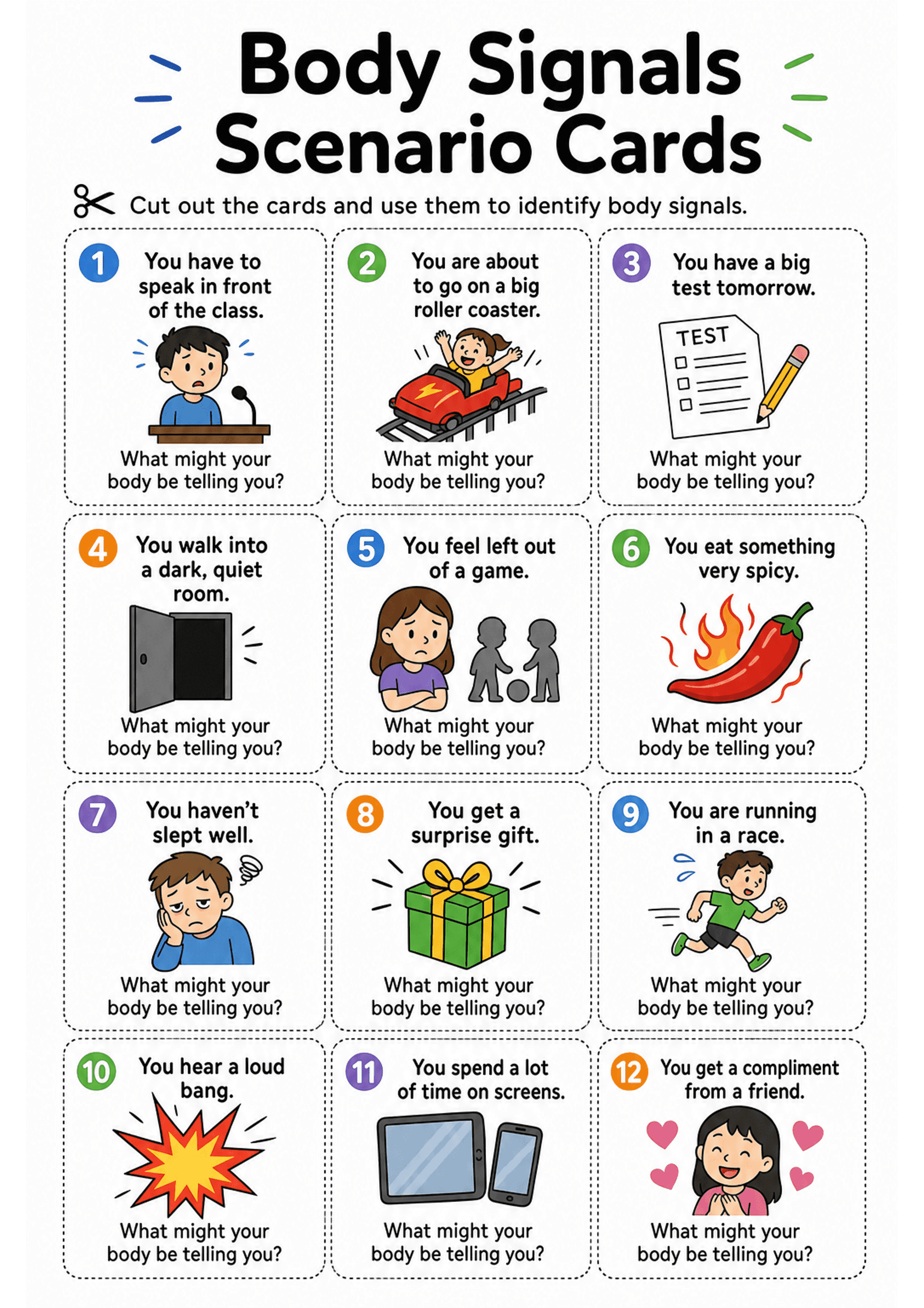 Body Signals Scenario Cards: Single A4 sheet arranged as a 3-column grid of dotted-outline rectangular cards (12 total shown). Each card has a coloured numbered circle (1–12), a one-sentence scenario (e.g. 'You have to speak in front of the class'), a large cartoon illustration, and the repeated question 'What might your body be telling you?'. Top header reads 'Body Signals Scenario Cards' with a cut instruction. Low text density, bold headings, and clear icons.