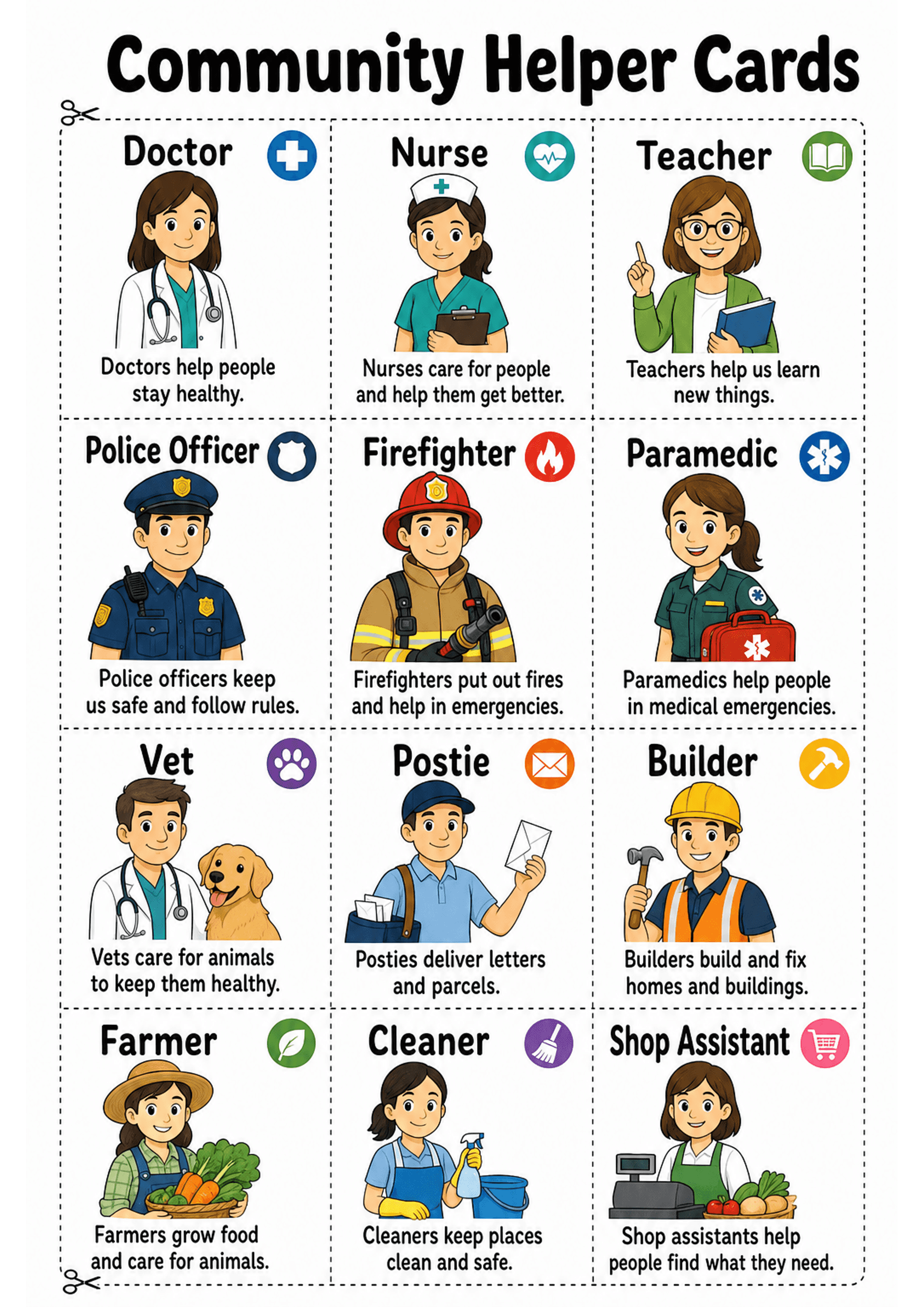 Community Helper Cards: Single A4 sheet of rectangular cards arranged in a 3x4 grid with dashed cut lines; each card has a bold job title at the top, a small coloured icon, a mid-size cartoon illustration of a person in uniform, and a one-line descriptive sentence in simple text beneath the picture; header reads 'Community Helper Cards'.