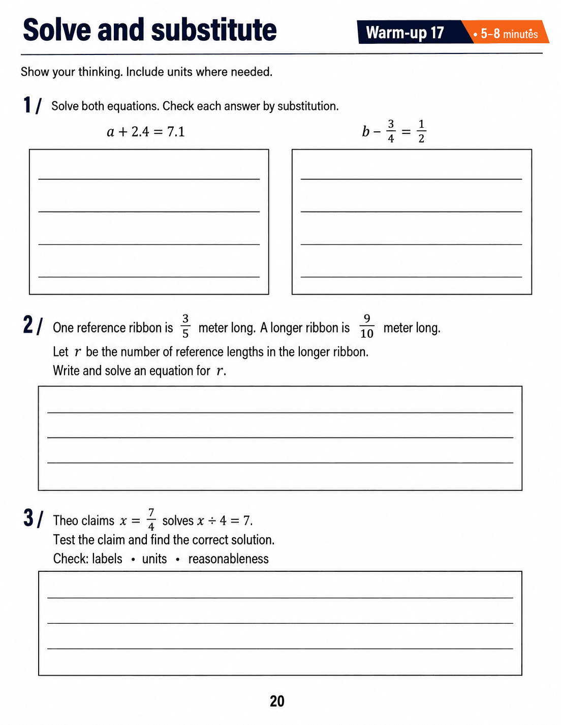 Solve and substitute: Grade 6 math warm-up. Solve addition and subtraction equations, model a ribbon comparison and diagnose a division-equation error. Includes three numbered tasks and space to explain reasoning.
