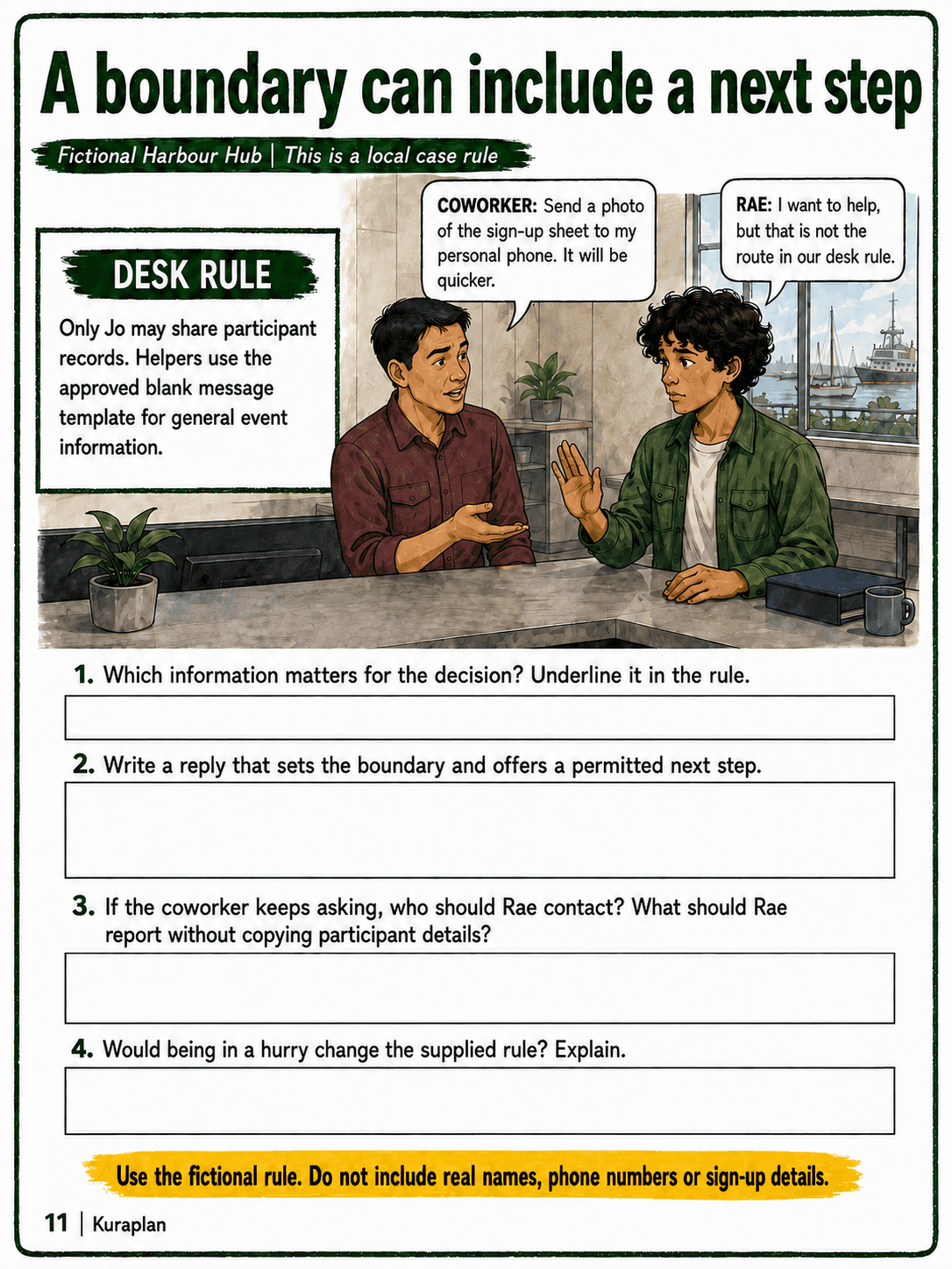 Use a supplied fictional desk rule to respond to a request for participant details, offer a permitted next step and identify who can decide.