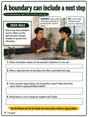 Use a supplied fictional desk rule to respond to a request for participant details, offer a permitted next step and identify who can decide.