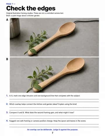 Inspect two kitchen-garden framing studies, identify competing details and purposeful overlaps, then propose a framing or camera-position change.