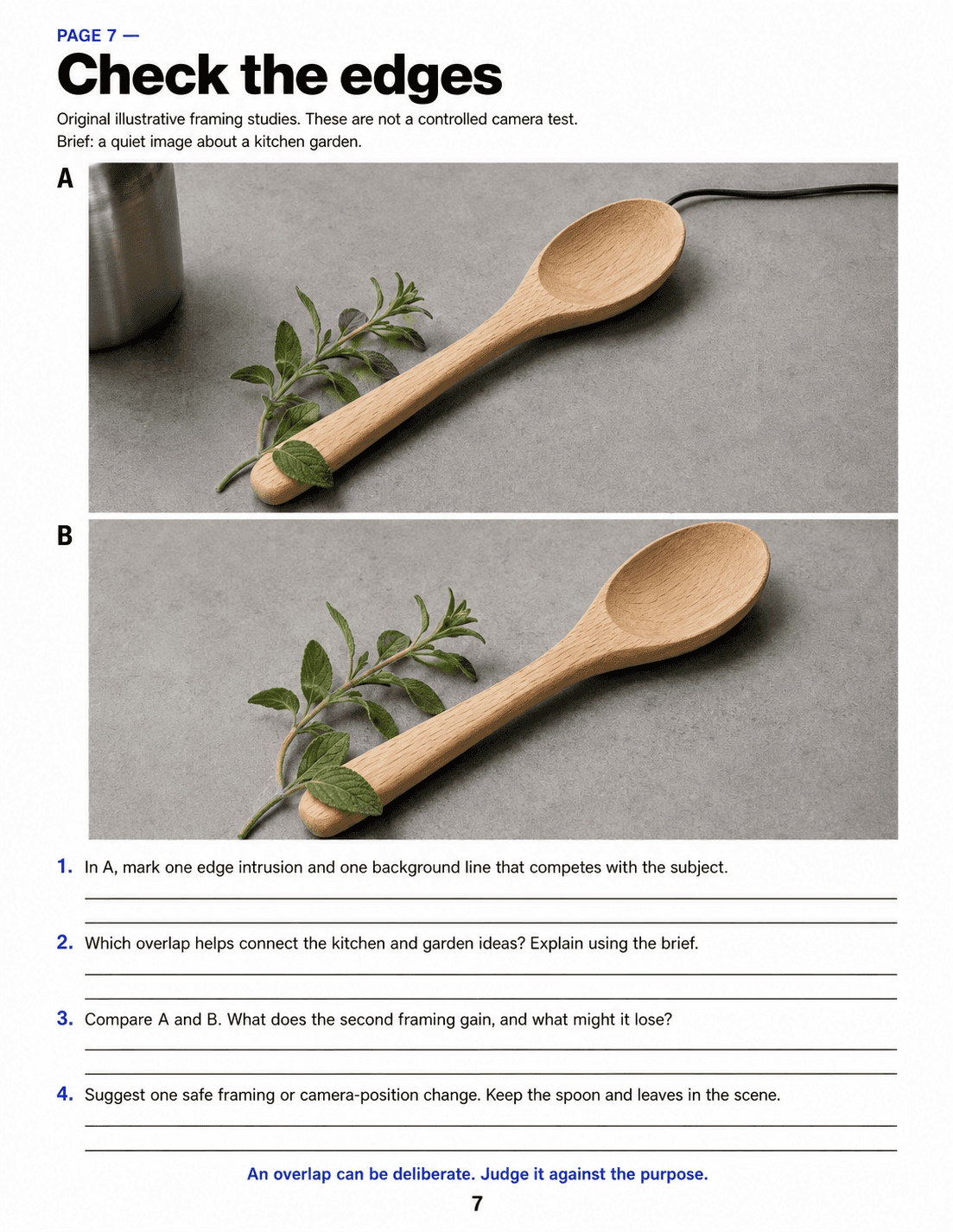 Inspect two kitchen-garden framing studies, identify competing details and purposeful overlaps, then propose a framing or camera-position change.