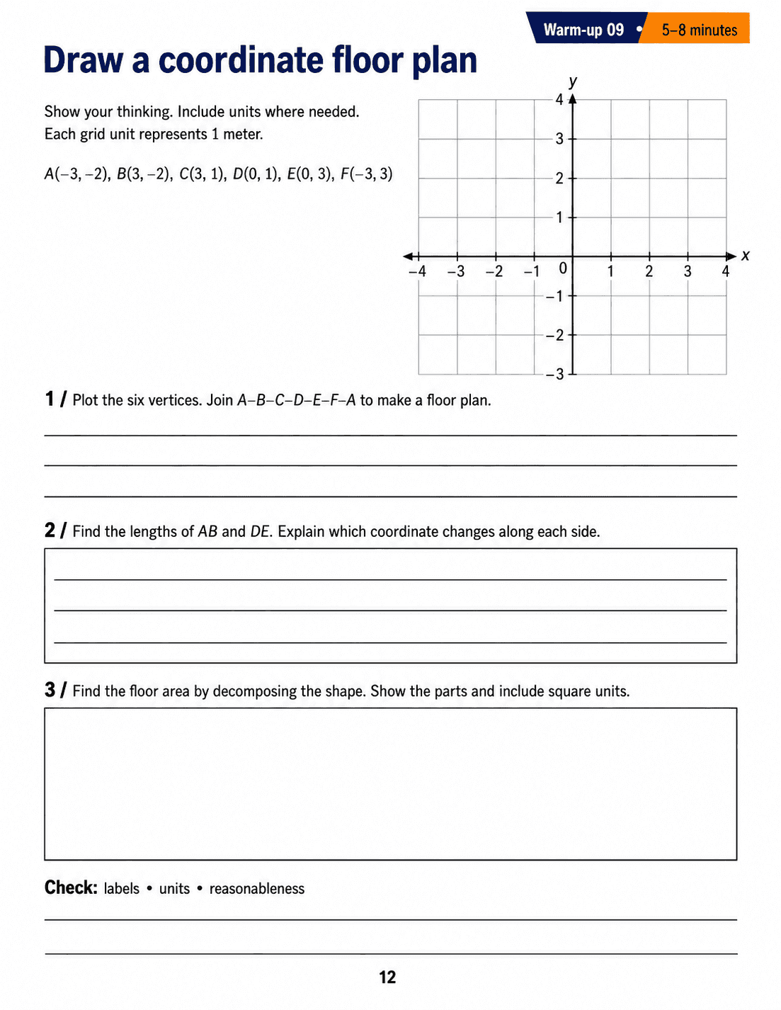 Draw a coordinate floor plan: Grade 6 math warm-up. Draw an L-shaped floor plan from six coordinates, calculate side lengths and split the shape into rectangles to find its area. Includes three numbered tasks and space to explain reasoning.
